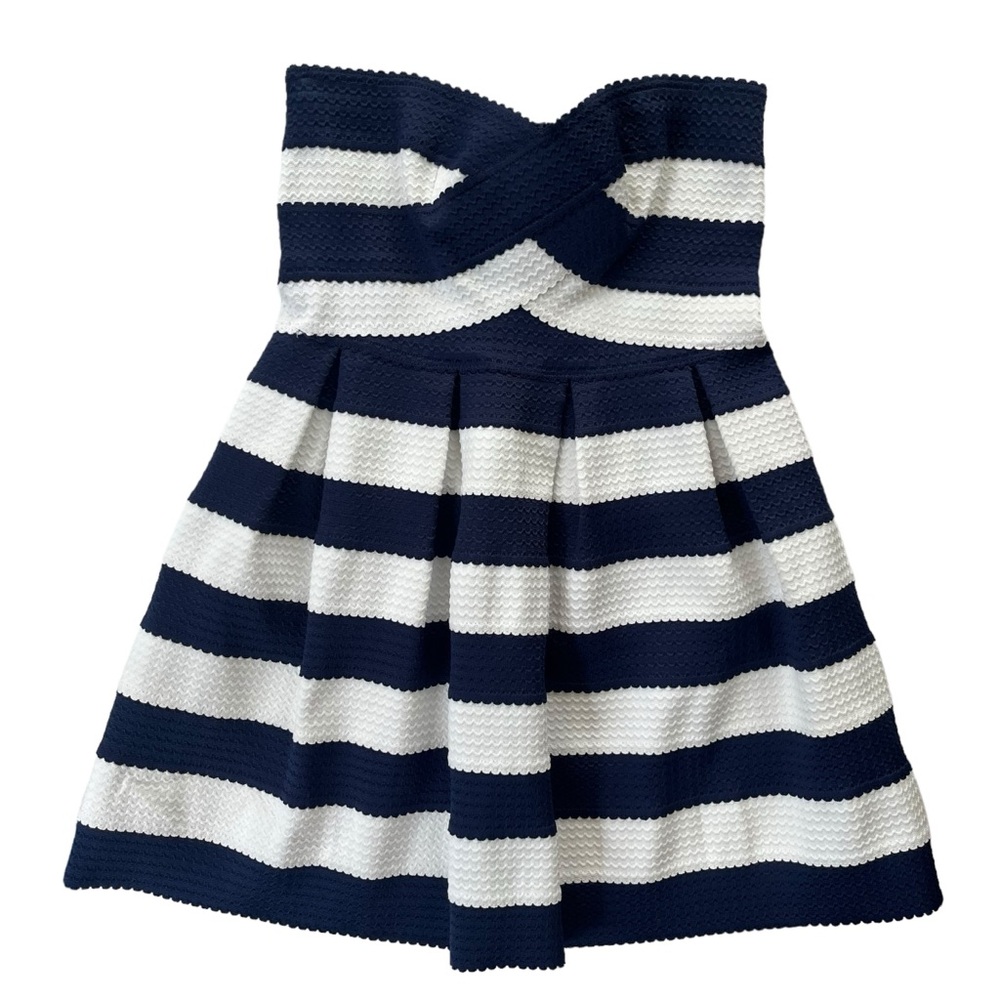 Sans Souci Womens Large Blue White Stripe Strapless Fit&Flare Bandage Mini Dress